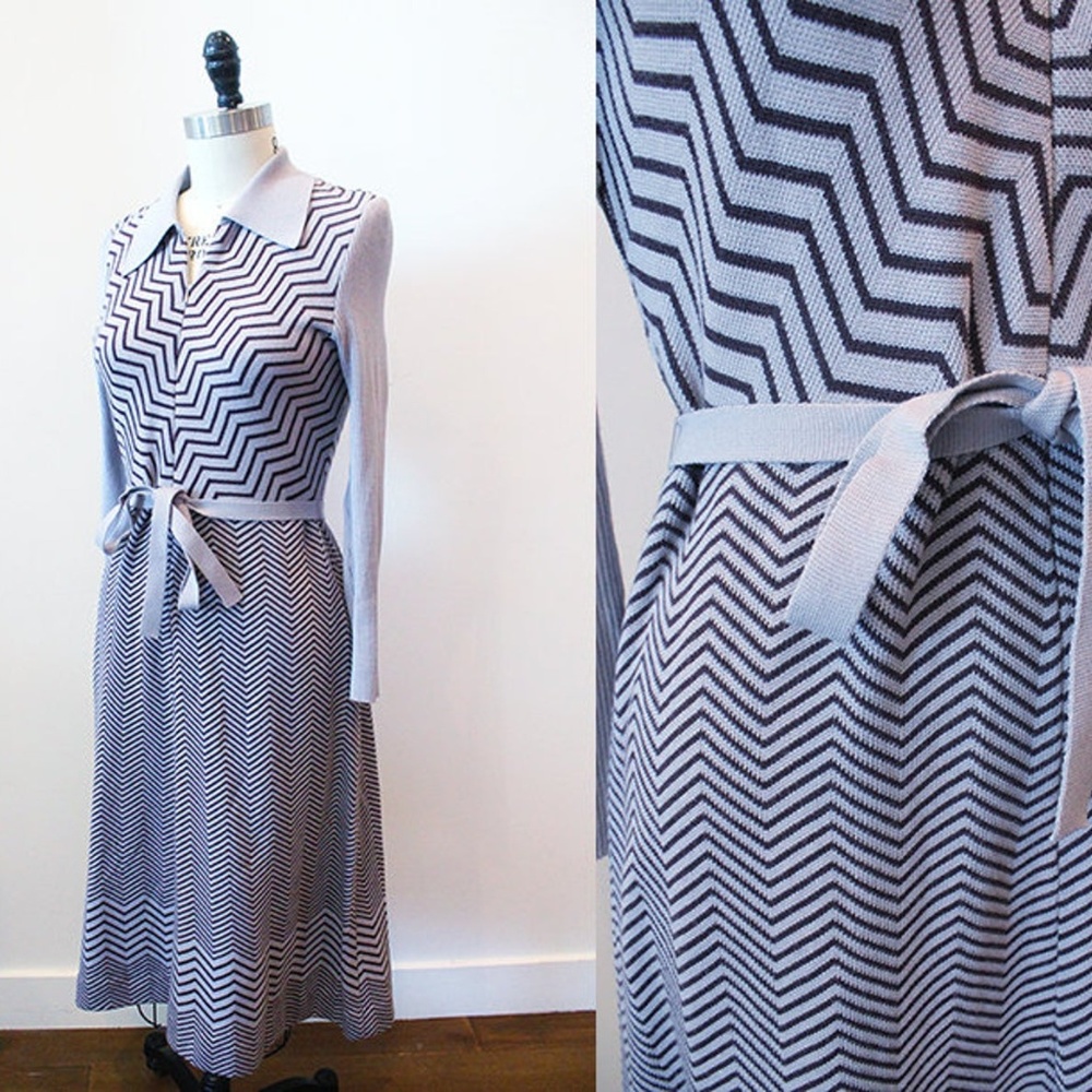 Vtg Dusty Purple Long Sleeve Knit Zig Zag Dress
